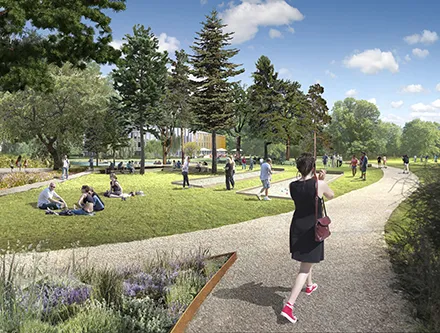 Rendering of a landscaped park within the Cambridge biomedical campus